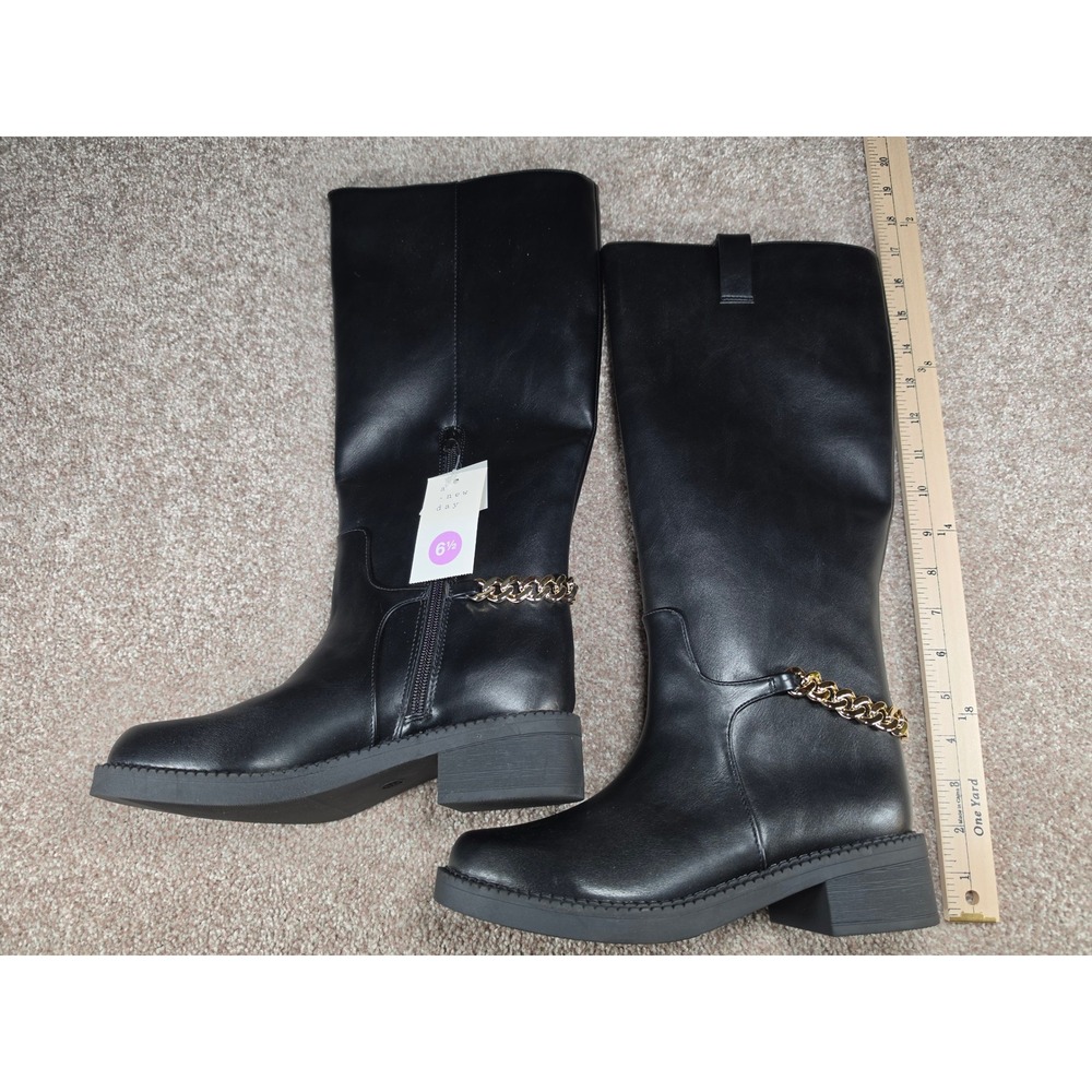 A New Day Bobbi Black Tall Boots Gold Chain Detail Round Toe Size 6.5 NEW